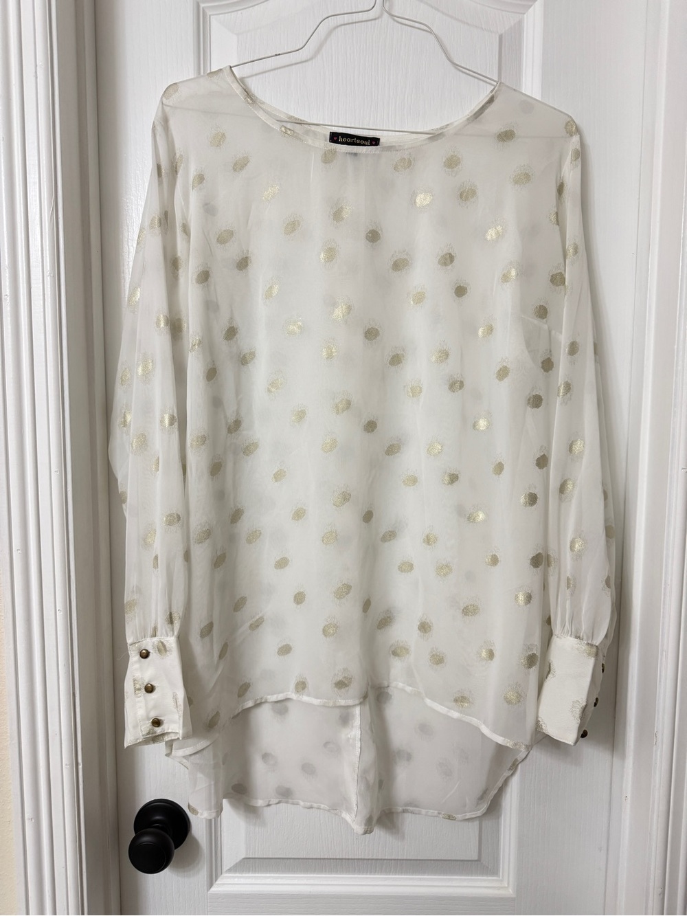 Heartsoul blouse white sheer long sleeve top gold polka dot button details 2X
